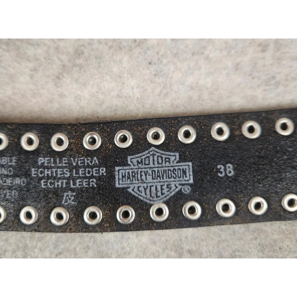 Vintage Harley Davidson Black Leather Belt Silver Logo Buckle Sz 38 2004 Biker